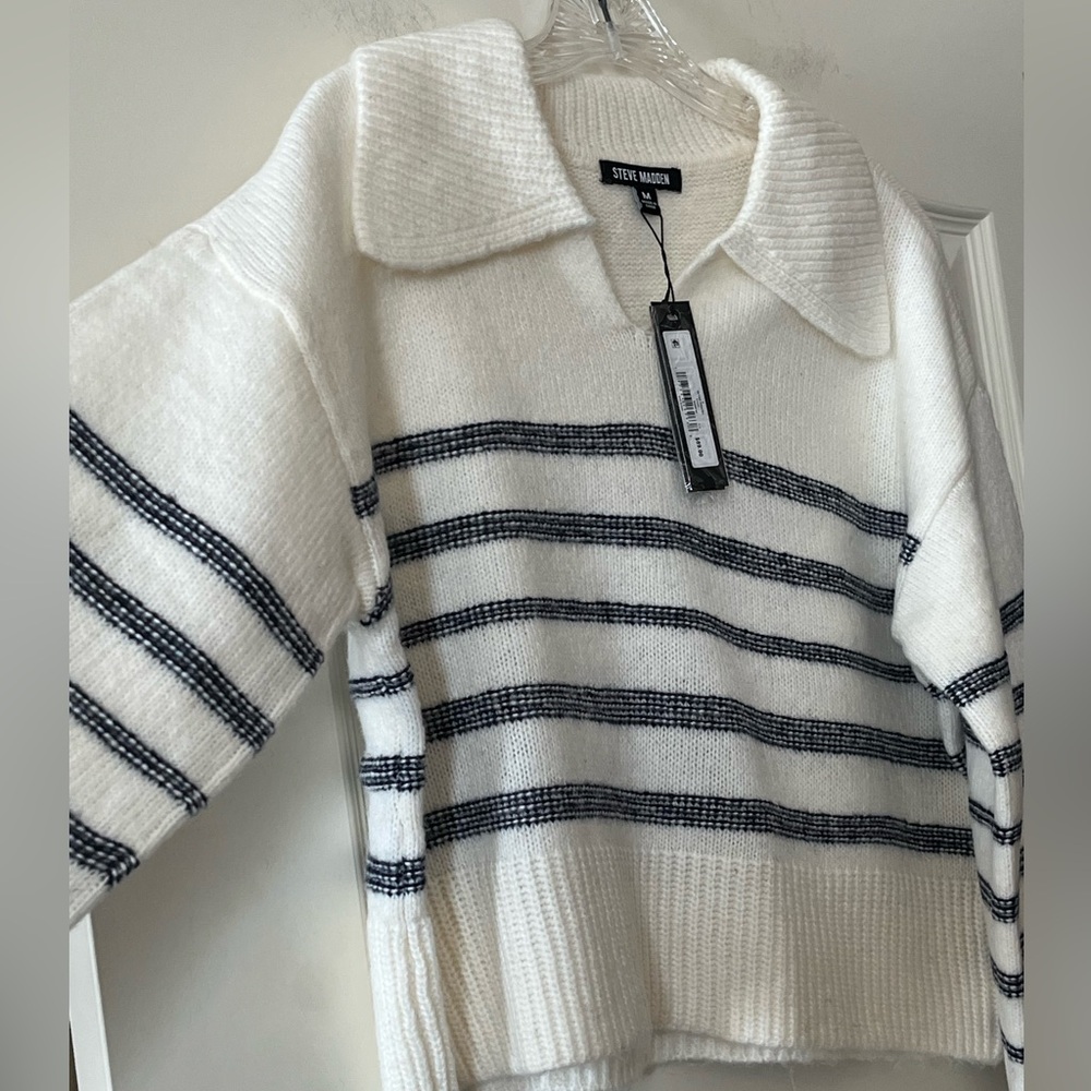 Steve Madden Navy and White Designer Collar Striped Sweater Women’s Medium - Picture 7 of 15